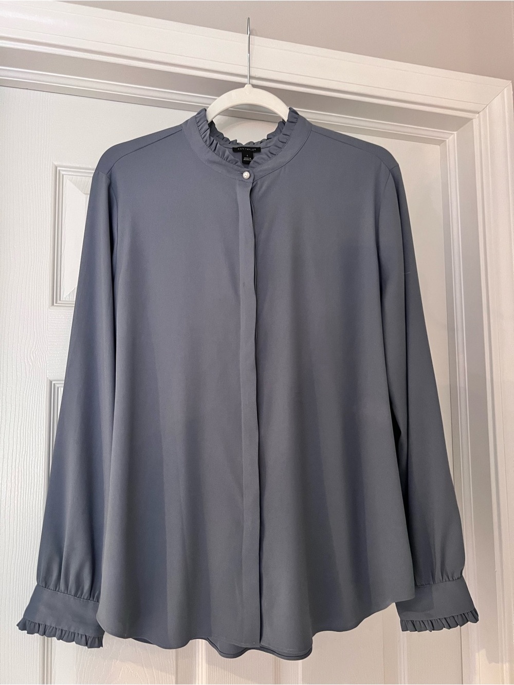 Ann Taylor - Blue Gray - Ruffle Collar - Pearl Button Blouse